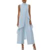 Damen ärmelloser Anzug mit hohem Kragen und weitem Bein, asymmetrischer Saum, lässig, locker sitzend, einfarbig, langes Hosen-Set