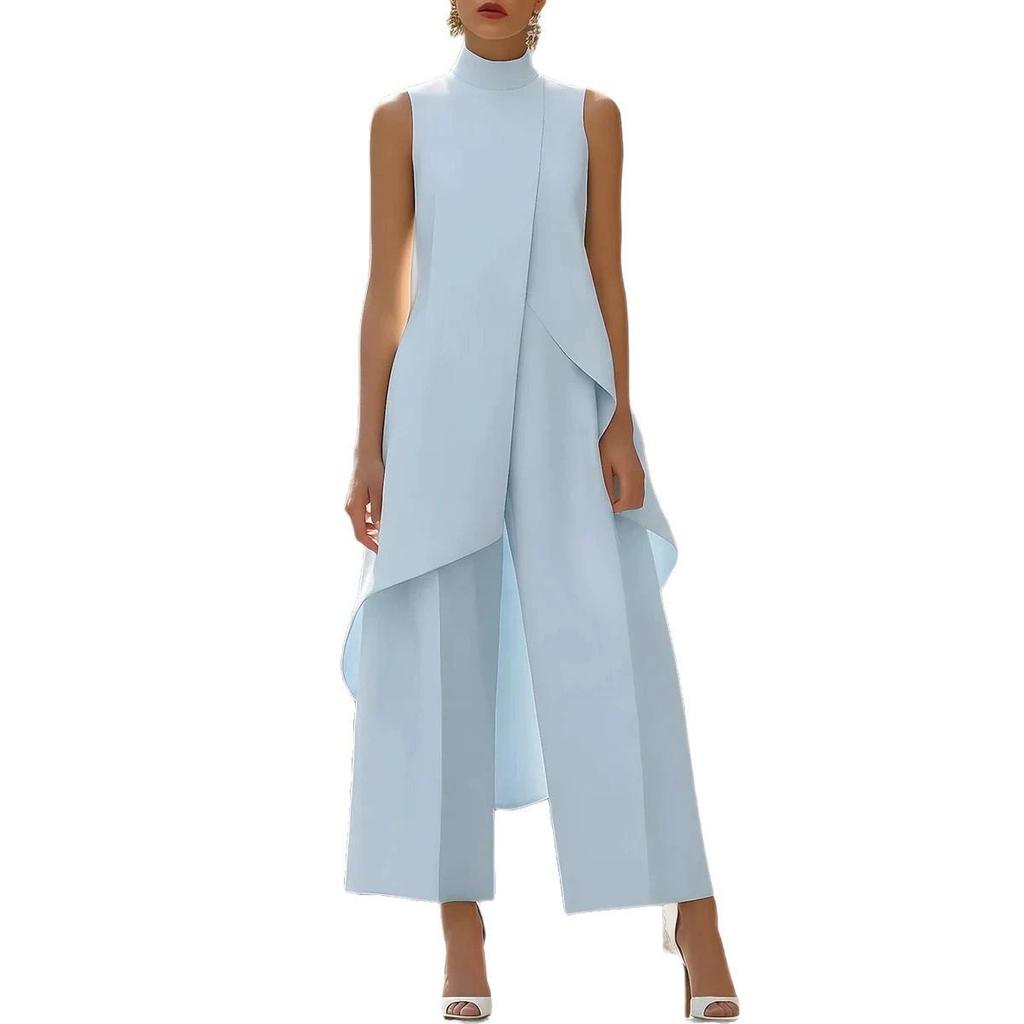 Damen ärmelloser Anzug mit hohem Kragen und weitem Bein, asymmetrischer Saum, lässig, locker sitzend, einfarbig, langes Hosen-Set
