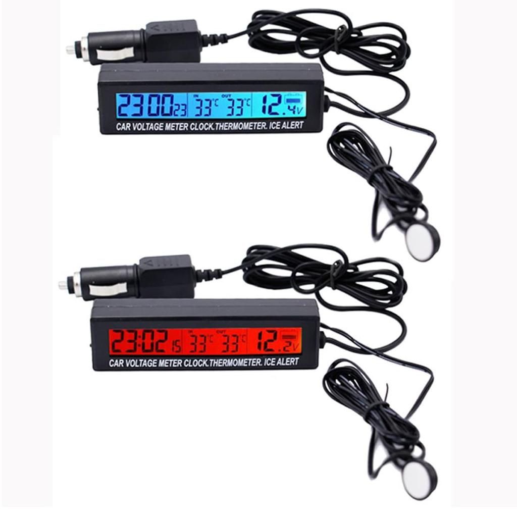 VIGORSTRENG 3-in-1 Digitales Auto-Thermometer/Voltmeter mit Wecker und Blau/Orange Hintergrundbeleuchtung