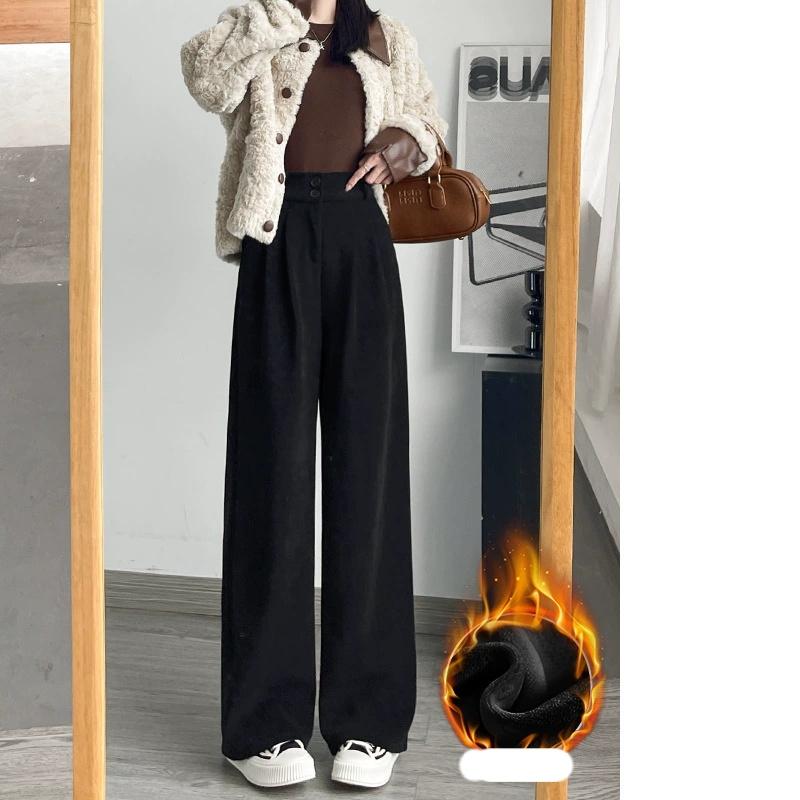 White Corduroy Wide Leg Pants Women's Autumn Winter Slim Straight Drapey Small Size Fleece Lined Suit Trousers