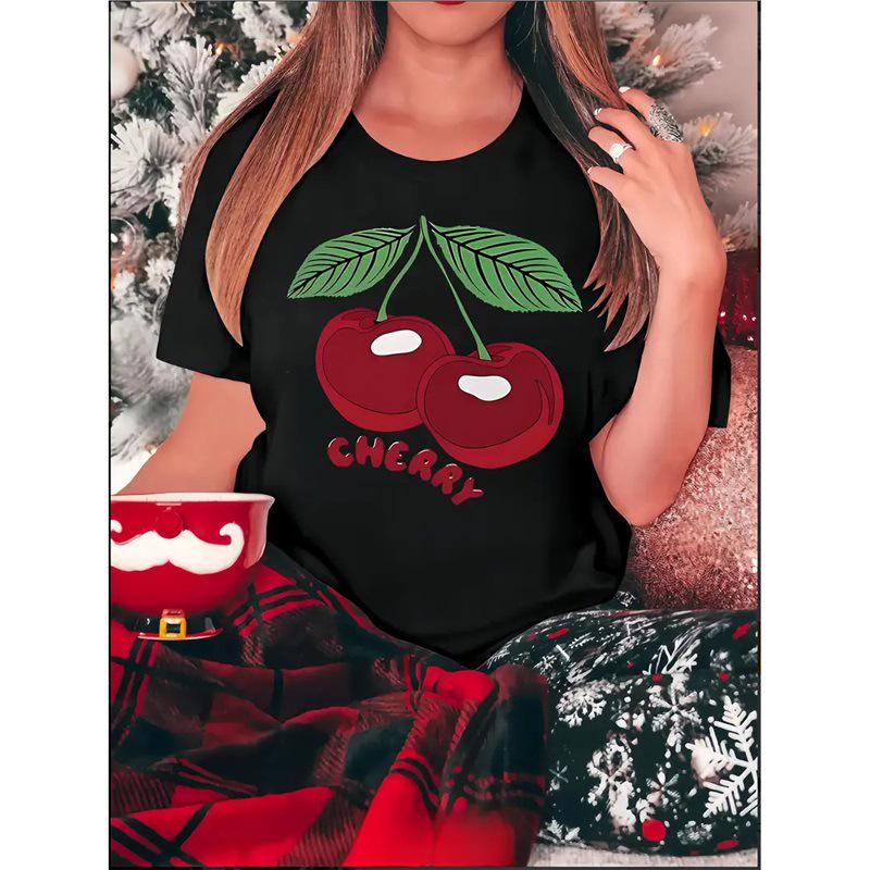 

Women s Cherry Print Short-Sleeved Top - European & American Style 2XL