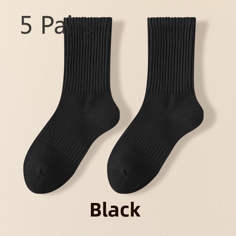 5 Pairs of Women's Spring and Fall Solid Color Sports Cotton Tide Mid Tube Pile Socks