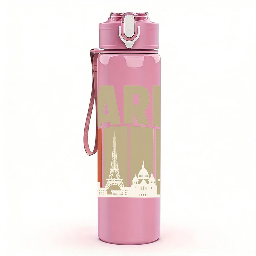 1PC Paris City Building Letter Art 750ml Color Plastic Sports Water Bottle Leakproof Flip Straw Lid Suitable for Sports Office Home Use