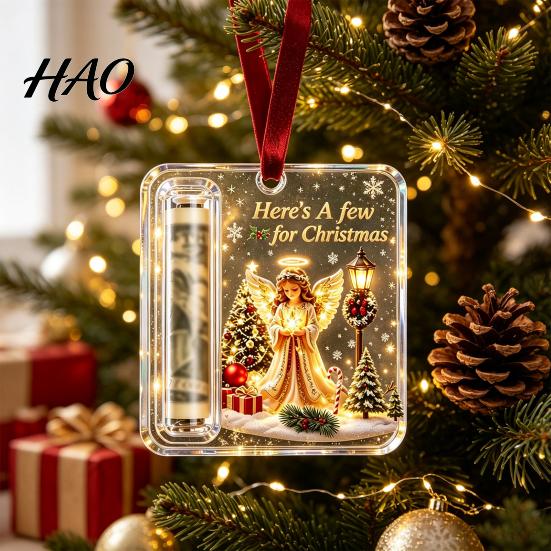 Christmas Cash Gift Ornament Holder Ornament, Acrylic Angel Santa Cat Money Decor for Xmas Tree, Holiday Party Hanging Decoration with Lanyard Present