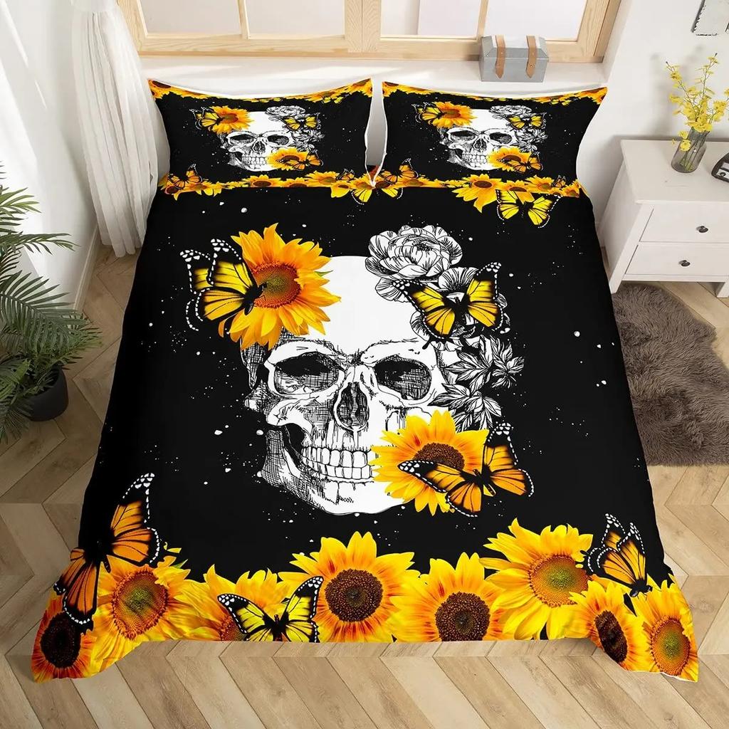 Sugar Skull Lover Bed Cover King Size Kissing Couple Skeleton Sleep Bedding Collection Red Rose Comforter Cover Death and Love Theme Quilt Cover
