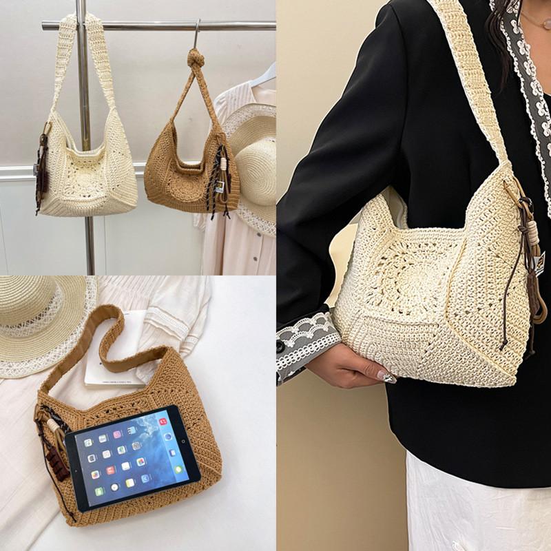 Cotton Rope Tote Bag With Hollow Splicing For Casual Day Use