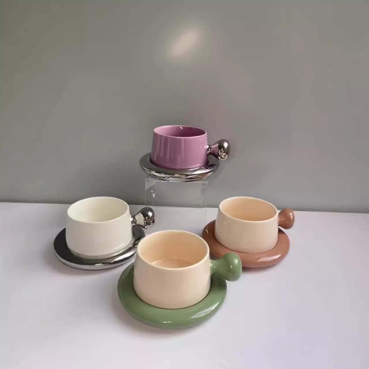 

European Style Macron Color-Block Ceramic Coffee Mug Restaurant Home Afternoon Tea Cup Saucer Set Breakfast Cups 260ml білий