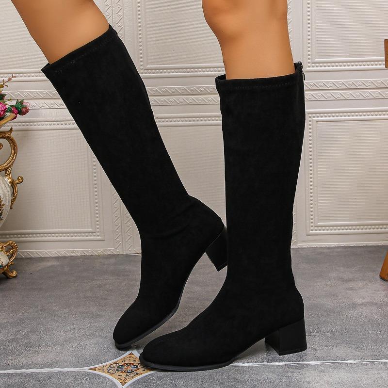 Autumn and Winter New Suede Round Head Thick Heel Back Zipper Fashion High Boots Women's High Heels But Knee Thin Women's Boots