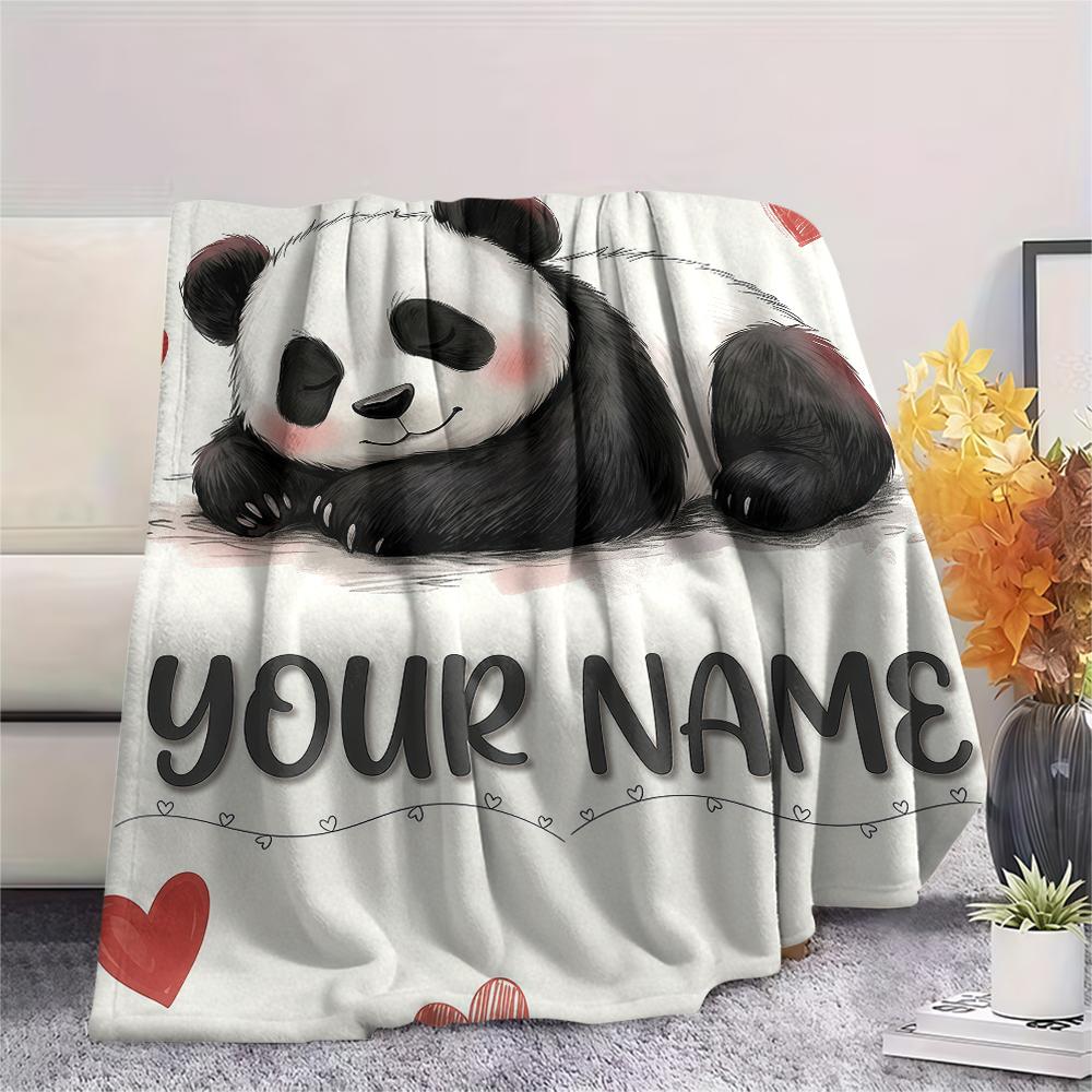 1PC Custom Name Panda Love Heart Theme Patterned Flannel Blanket Suitable For All Seasons for Home Decor Warmth and Comfort Gifts Holiday Present_lx