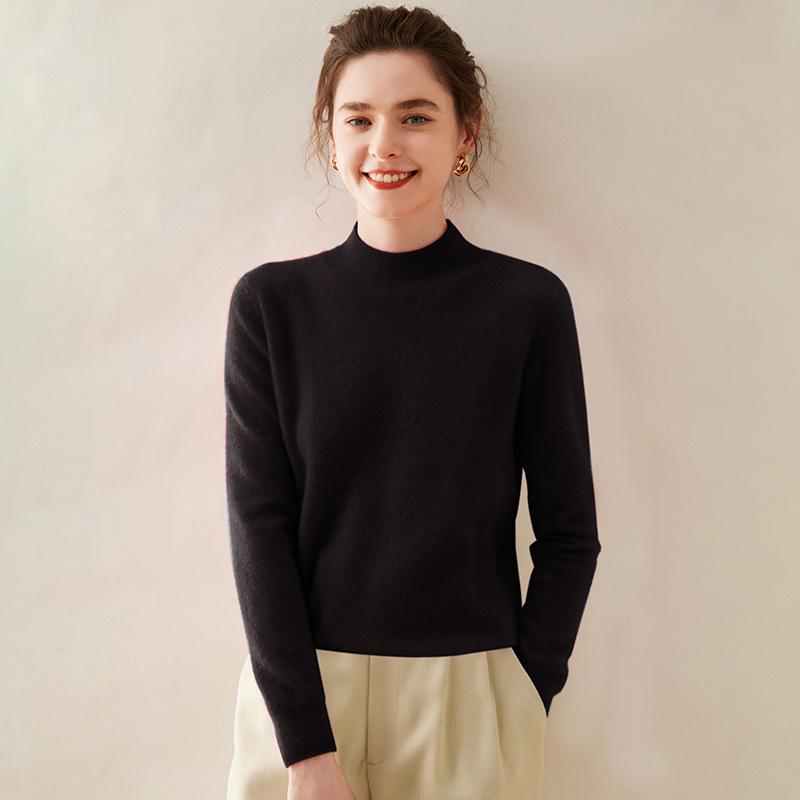 Women's Half-High Neck Cashmere Sweater - Solid Color Inner Layer Pullover