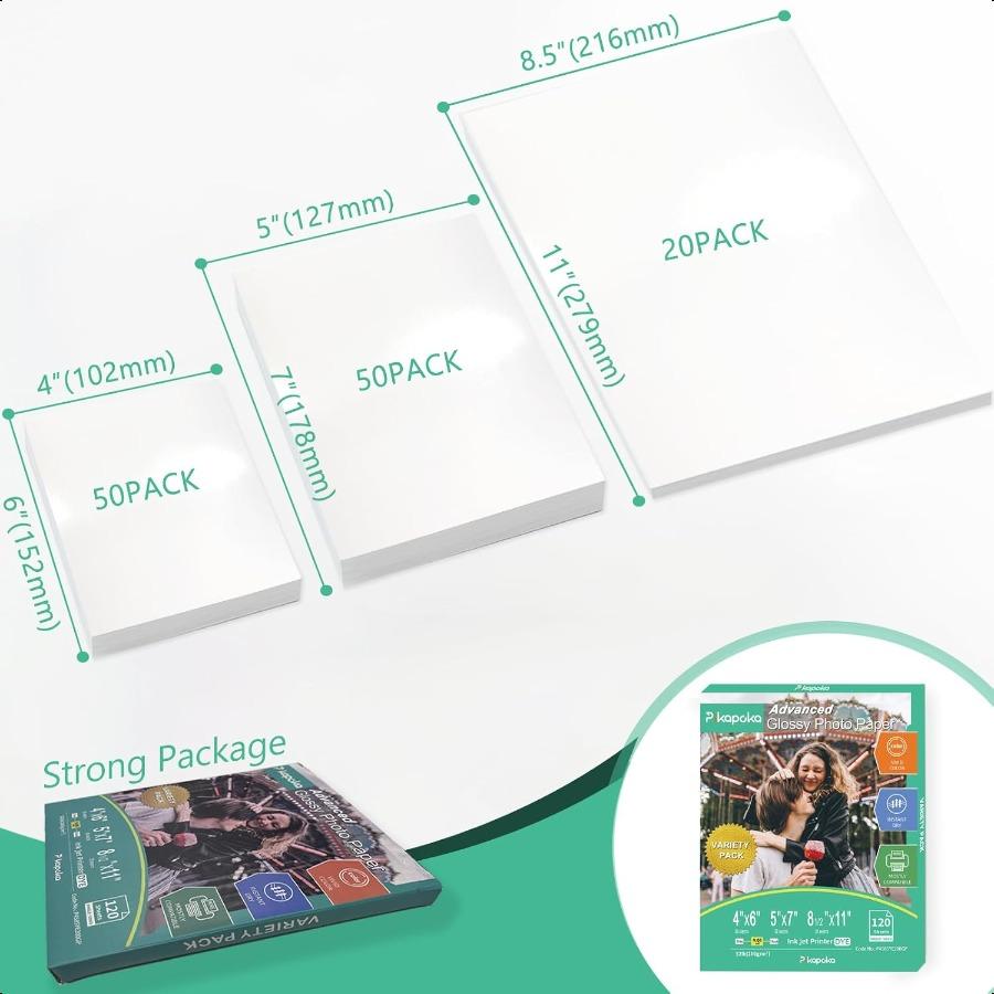 

Глянцевая фотобумага 4x6 5x7 8.5x11 120 штук Набор ассорти Разные размеры Струйный принтер 52 фунта 200 г/м² United States