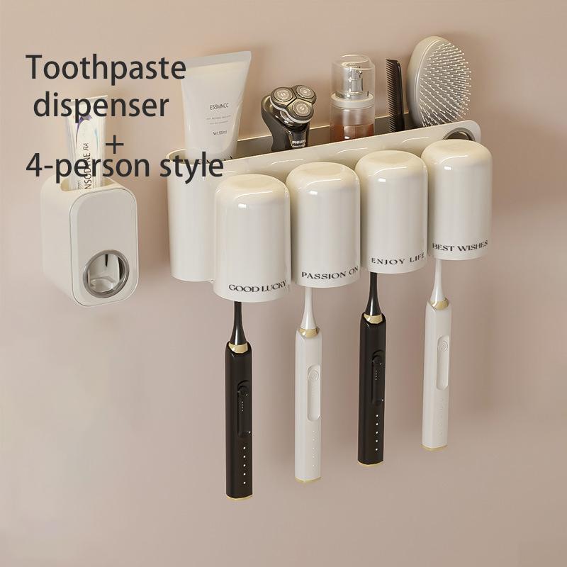 Toothbrush Toothpaste Storage Rack 4 Grid Multiple People No Punching Required Wall Mounted Family Gargle Cup Toilet Supplies