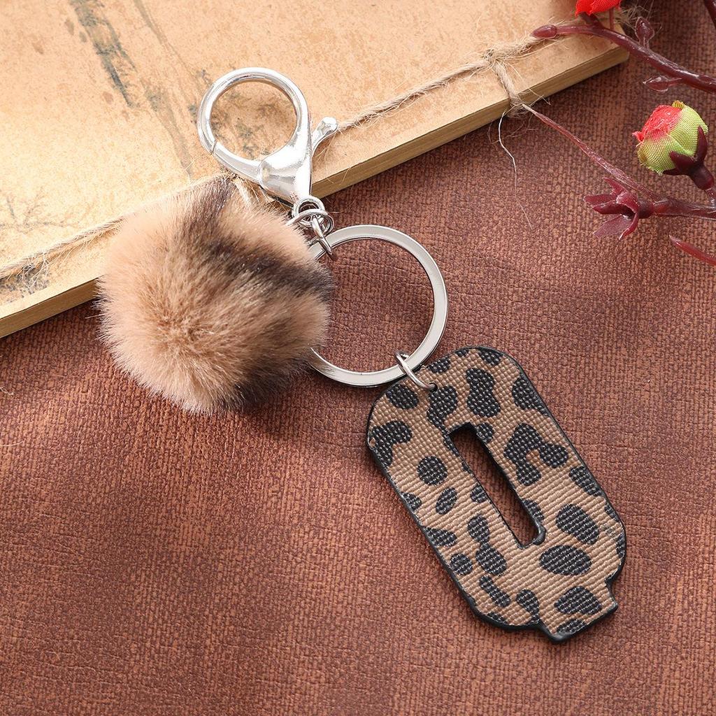 Western Cowboy Leopard Print Leather Keychain with Acrylic Letter and Plush Ball Accessories