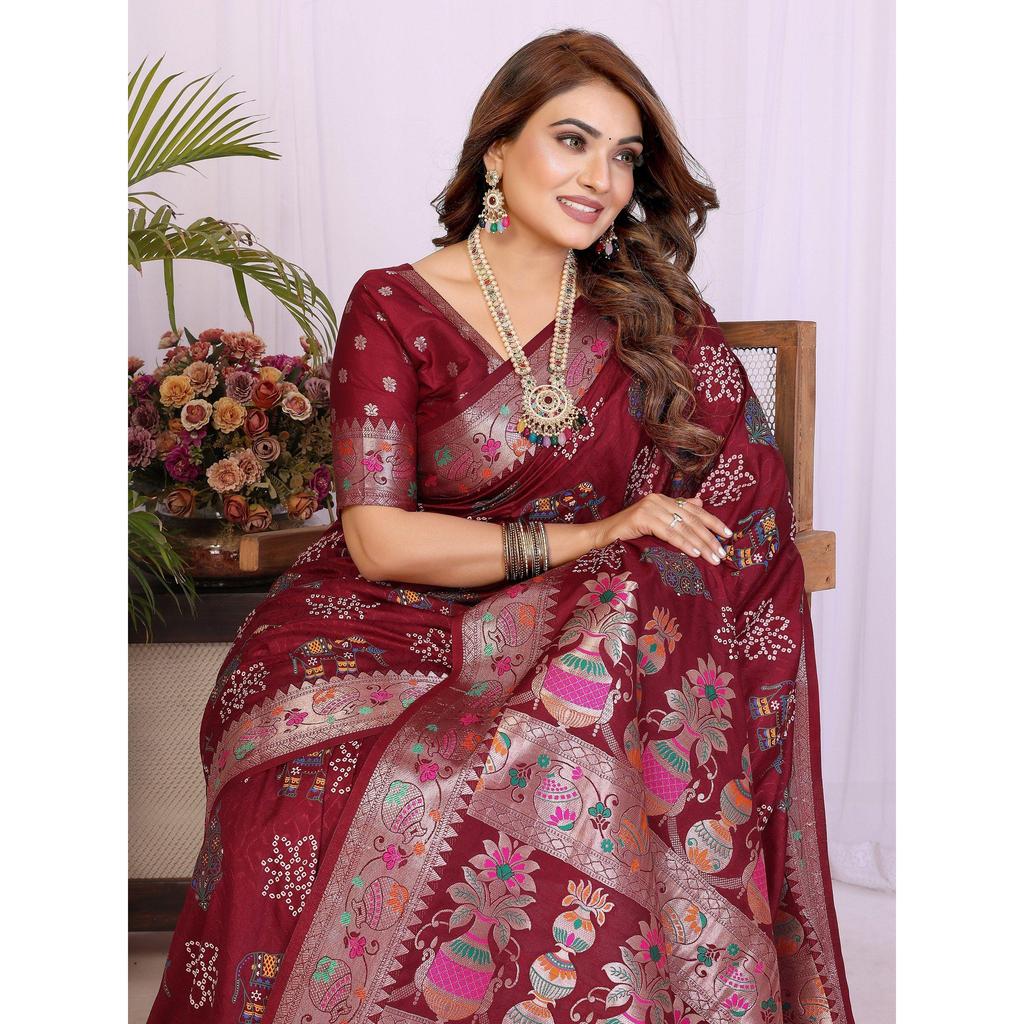 Handpicked Lite Weight Soft Dola Silk Bandhej Khadi Print Saree – a perfect fusion of tradition & vibrant elegance