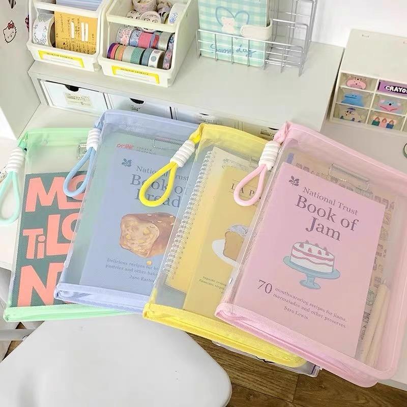 Transparent Zippered Document Storage Bag with Clip Expanded Mesh Zipper Pouch Bags for Storing Teaching Plan, Homework A4