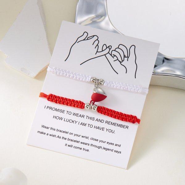 2 Pcs Lucky Red Braided Rope Bracelet for Women Men Romantic Heart Magnetic Matching Bracelets Lovers Valentine's Day Zircon