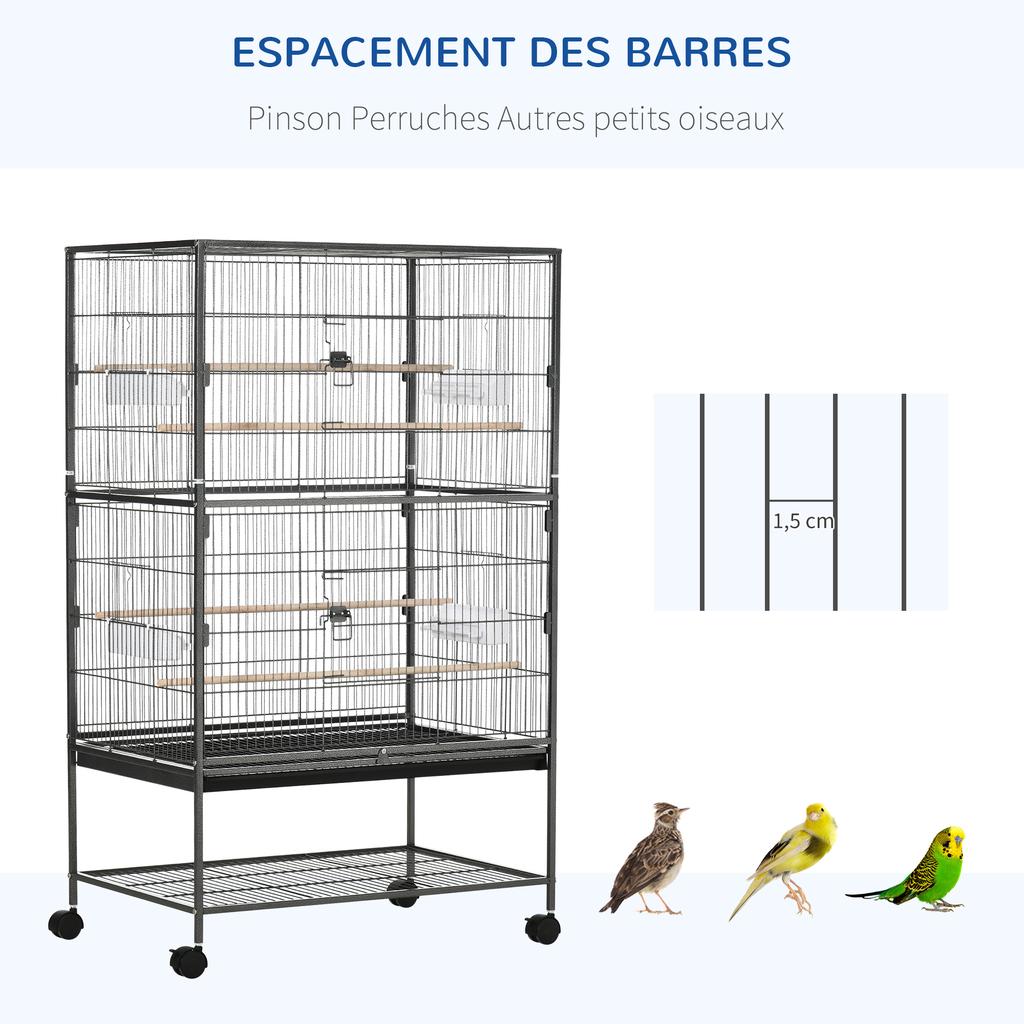 Standing Bird Cage Indoor Aviary with 4 Wooden Perches and Feeders, Steel Wire, Dark Grey