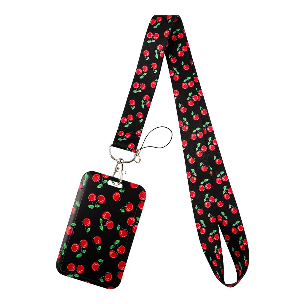 Leopard Print Love Strawberry Mobile Phone Lanyard Card Cover Bus Card Student Card Work Certificate Hard Shell