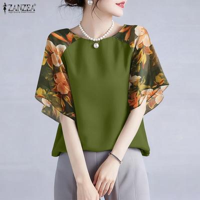 Women Casual Round Neck Loose Print Splice Half Sleeve Blouse