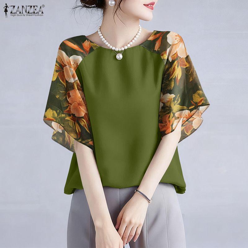 ZANZEA Women Casual Round Neck Loose Print Splice Half Sleeve Blouse