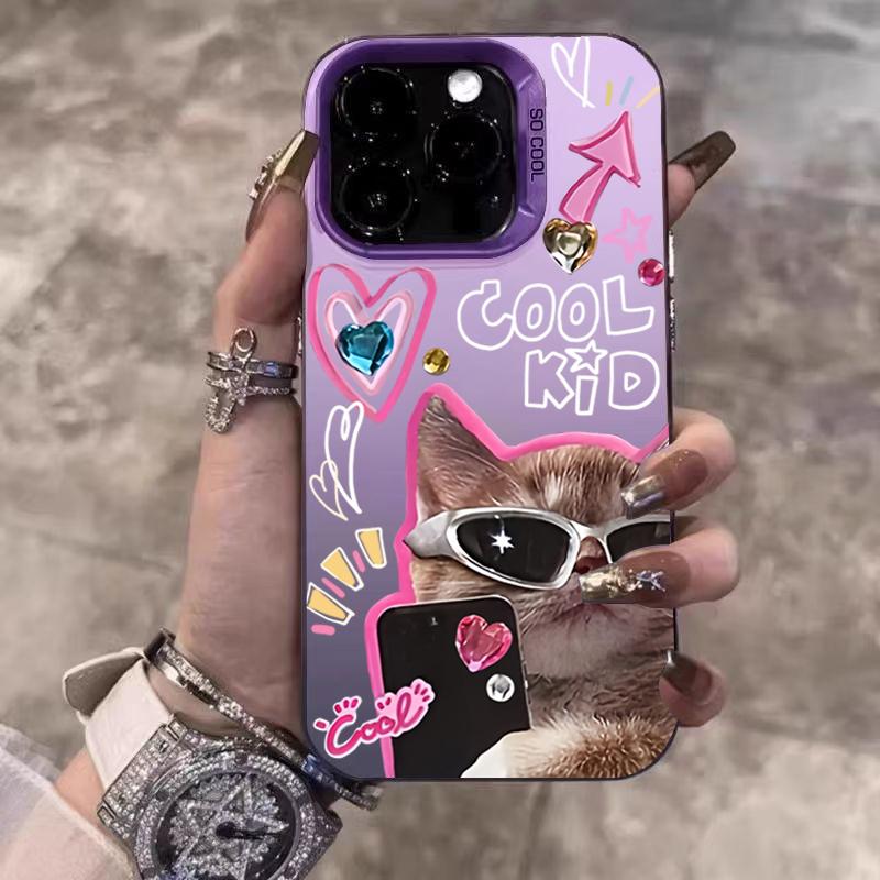 Cool Sunglasses Cat Electroplate Silver Phone Case For iPhone 17 16 15 14 13 12 11 Pro Max 17 Air 16E 7 8 Plus X XS XR Cover