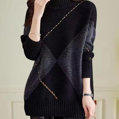 Loose Large Size Knitted Sweater for Women with Half Turtle Neck Autumn and Winter Mid-length Lazy Style Covered Butt Fashionable Top
