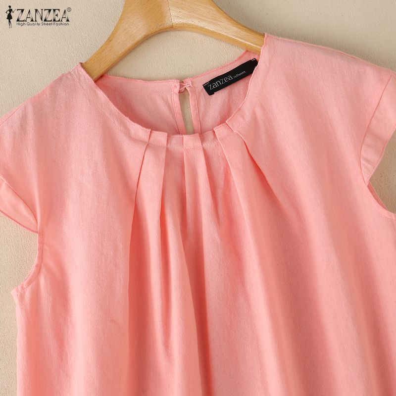 ZANZEA Women Casual Round Neck Solid Color Short Sleeve Cotton Blouse