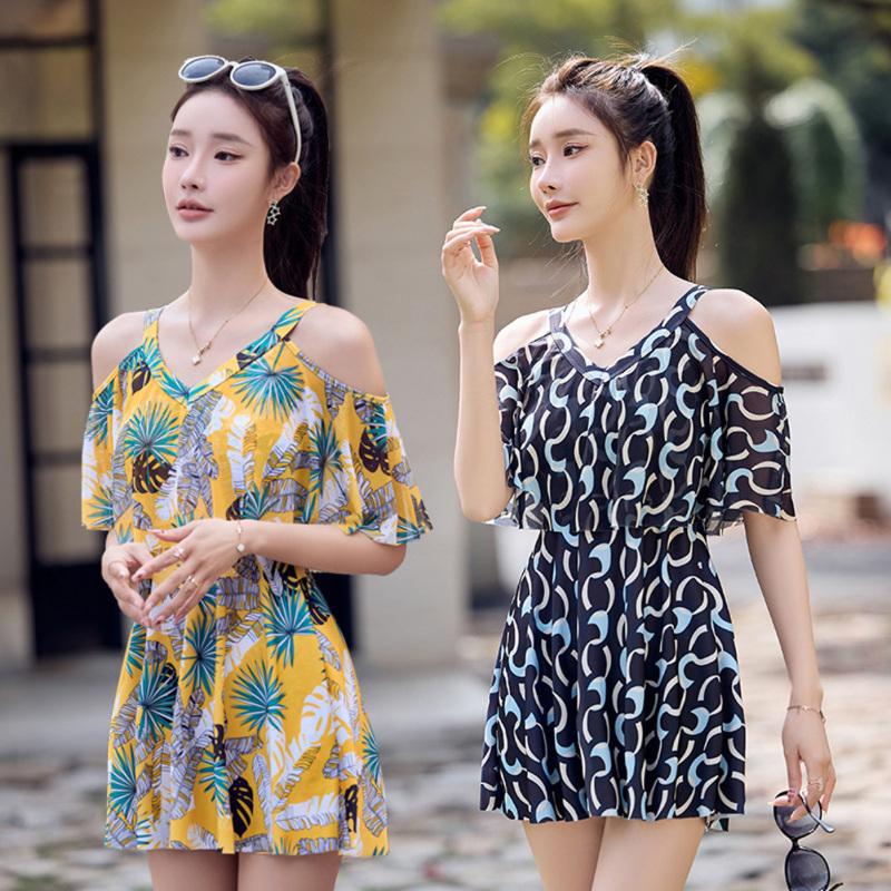 

2 шт., женский большой размер, разделенный купальник, с короткими рукавами, консервативный купальный костюм с открытыми плечами для купания, горячий источник