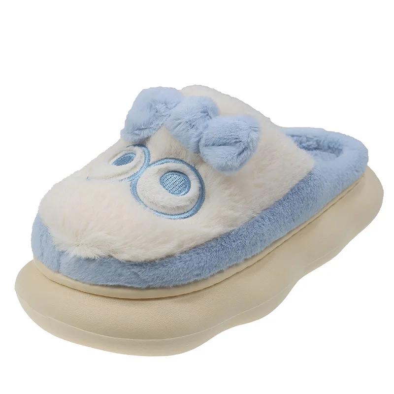 2024 Neue Cartoon-Plüsch-Hausschuhe für Damen, dicke Sohle, leichte Freizeit-Hausschuhe aus Baumwolle mit großer Augenschleife