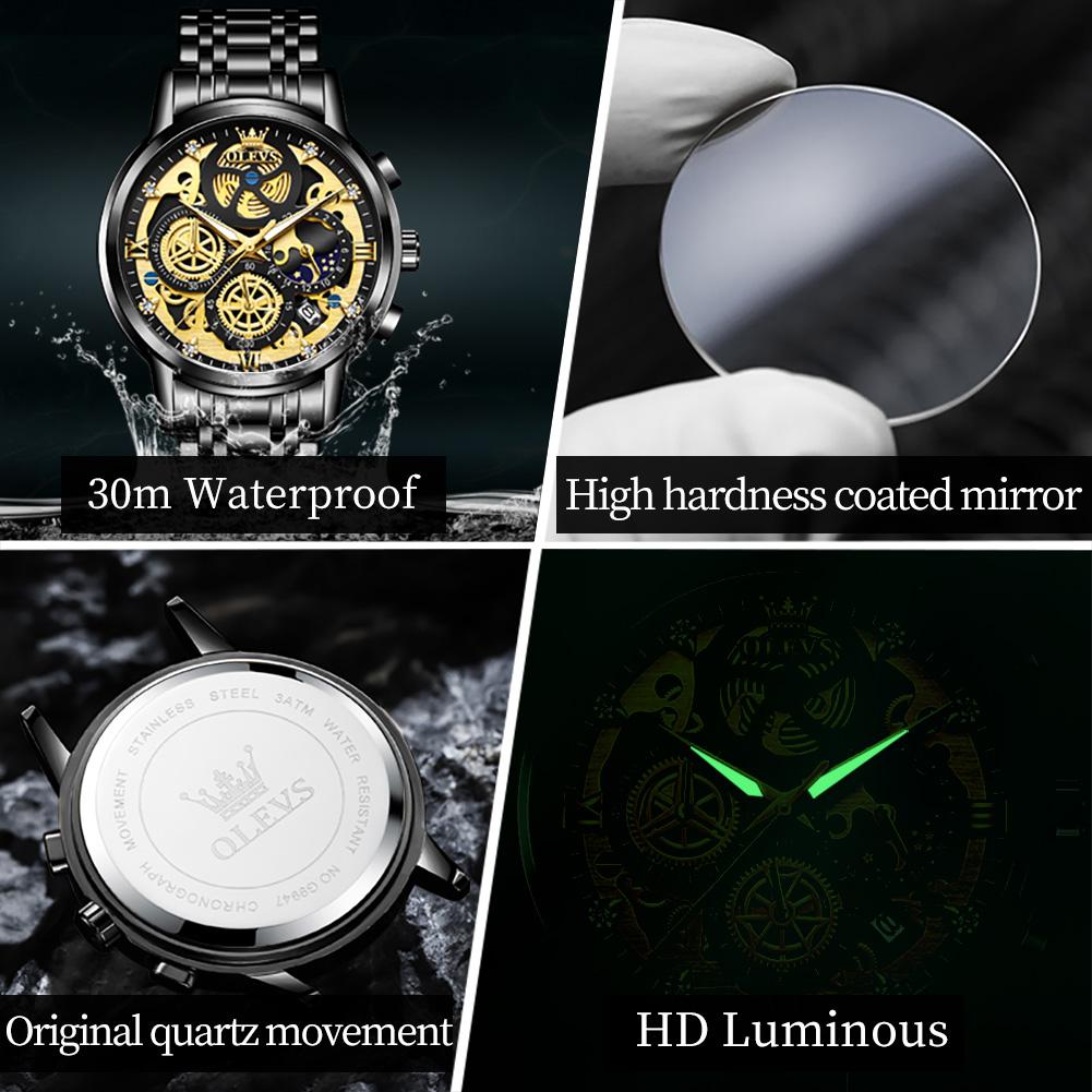Men's Waterproof Luminous Business Watch Multi Functional Diamond Inlaid Calendar Dial Chrono Phase Quartz Watch