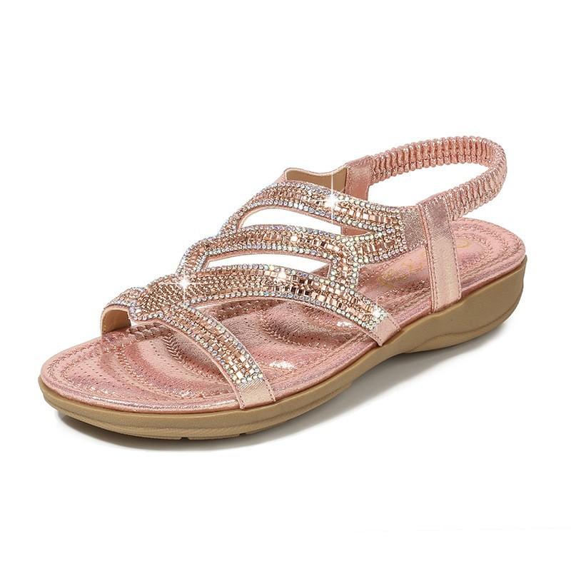 Spring New Bohemian Sandals Round Head Small Wedge Heel Sandals Women's Rhinestones Large Size Women's Sandals