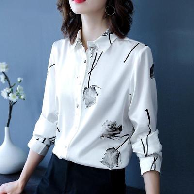 2025 Women's Long Sleeve Rose Print Chiffon Blouse - National Style Plus Size Fashion Top