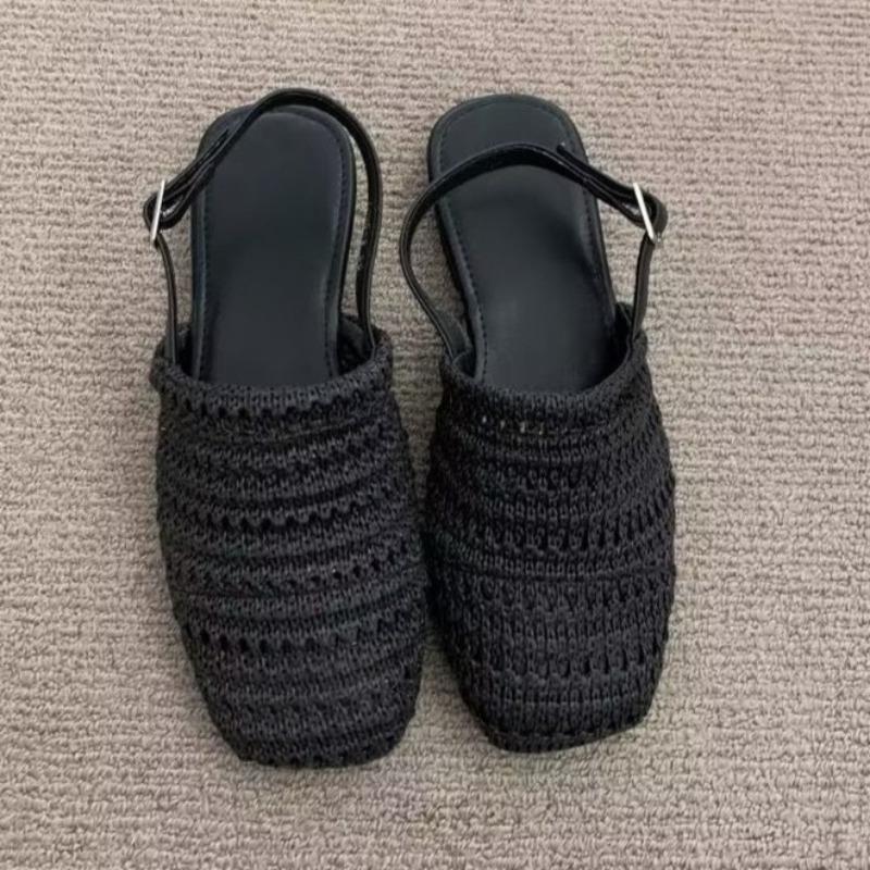 Summer New Block Heel Shallow Mouth Straw Bao Tou Back Empty Sandals Women's Shoes One Strap Low Heel Shoes