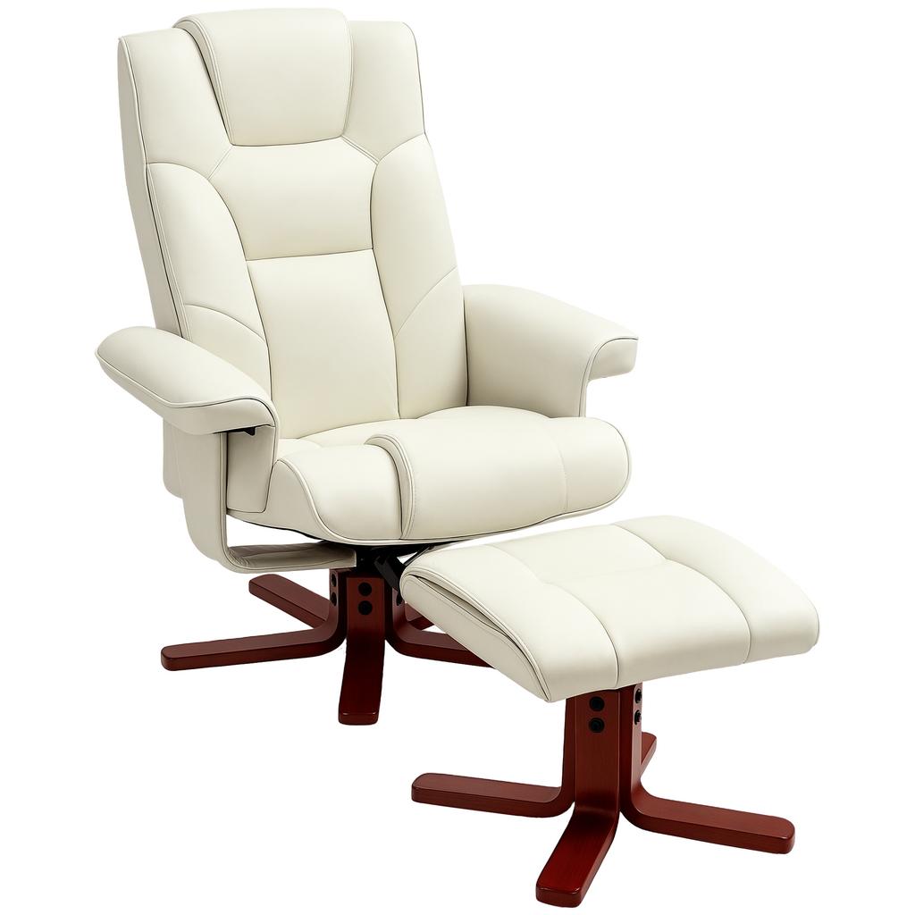 Sessel mit Hocker, Kunstleder, Verstellbare Rückenlehne, Bis 150 kg, Cremeweiß