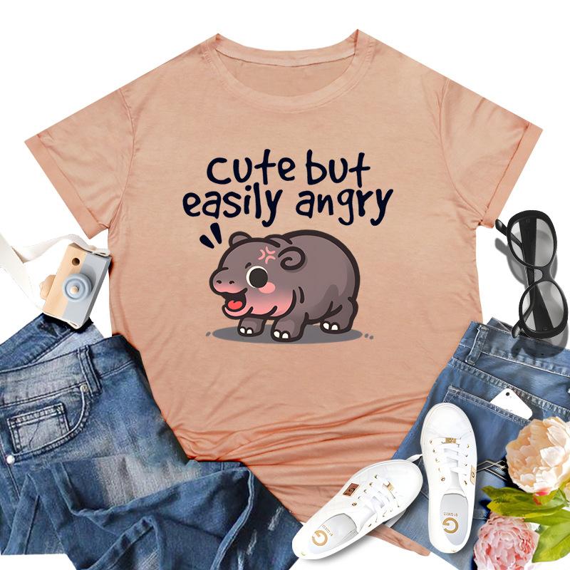 Podskakująca Świnia Moo Deng Nadrukowany Top Modny Pulower Casualowy Wszechstronny T-shirt Damski