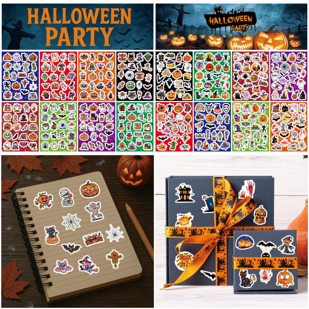 160PCS 8 Sheets Cartoon Spider Pumpkin Halloween Stickers Ghost Bat Scary Sticker  Party Supplies