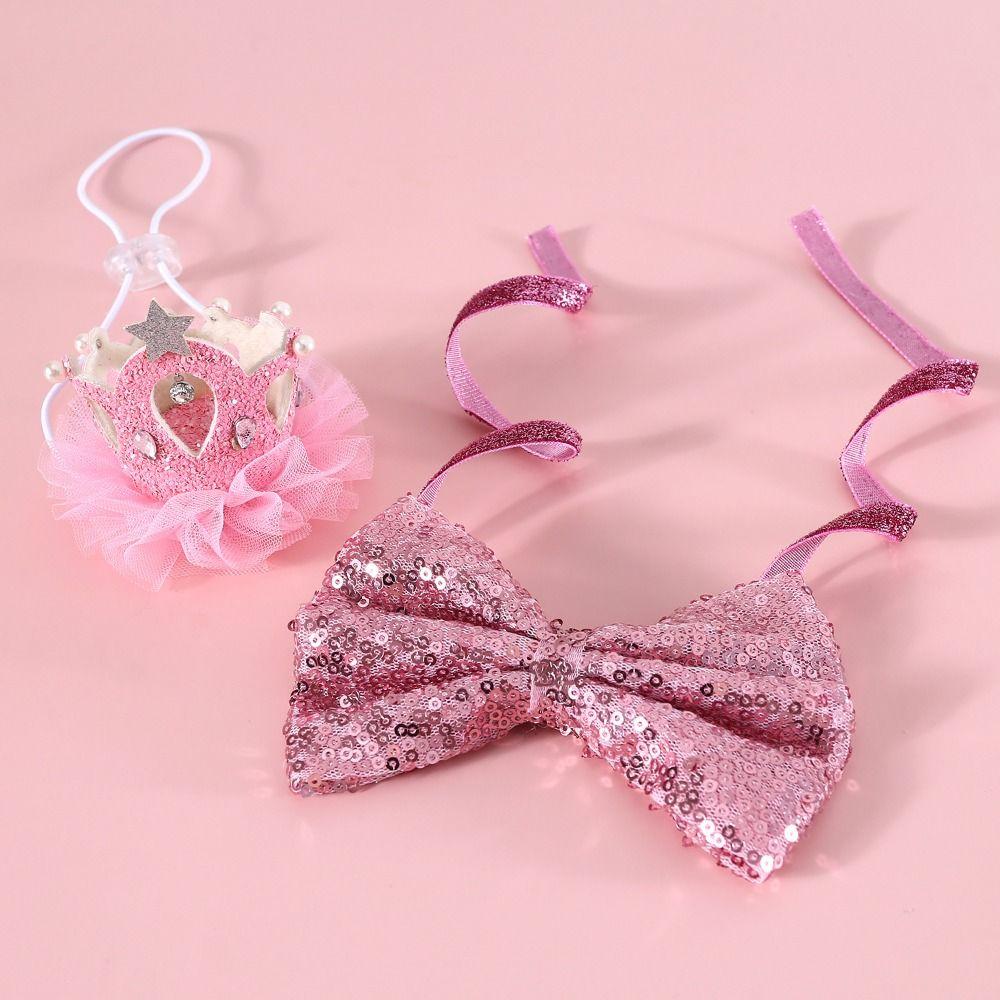 2Pcs/Set Creative Pet Sequin Bow Tie Adjustable Pet Crown Collar Pet Headpiece  Pet birthday Costume