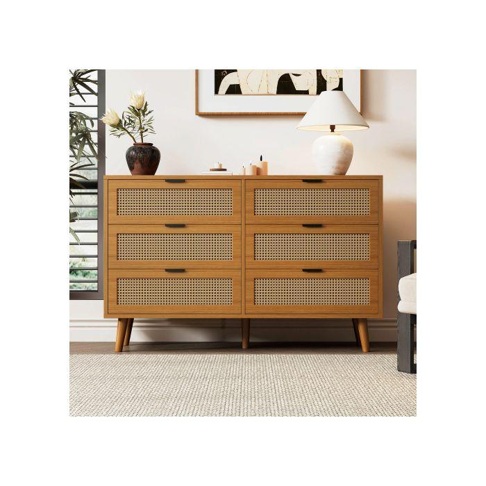 Commode - MUVOE - Vintage - 6 Tiroirs - Bois - Poignées En Métal - L120/H76.5/T40 Cm