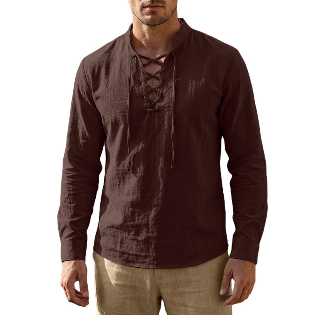 Herren Baumwoll-Leinen Kordelzugkragen Langarm Oberteil Herren Lässig Stilvolles Langarmhemd