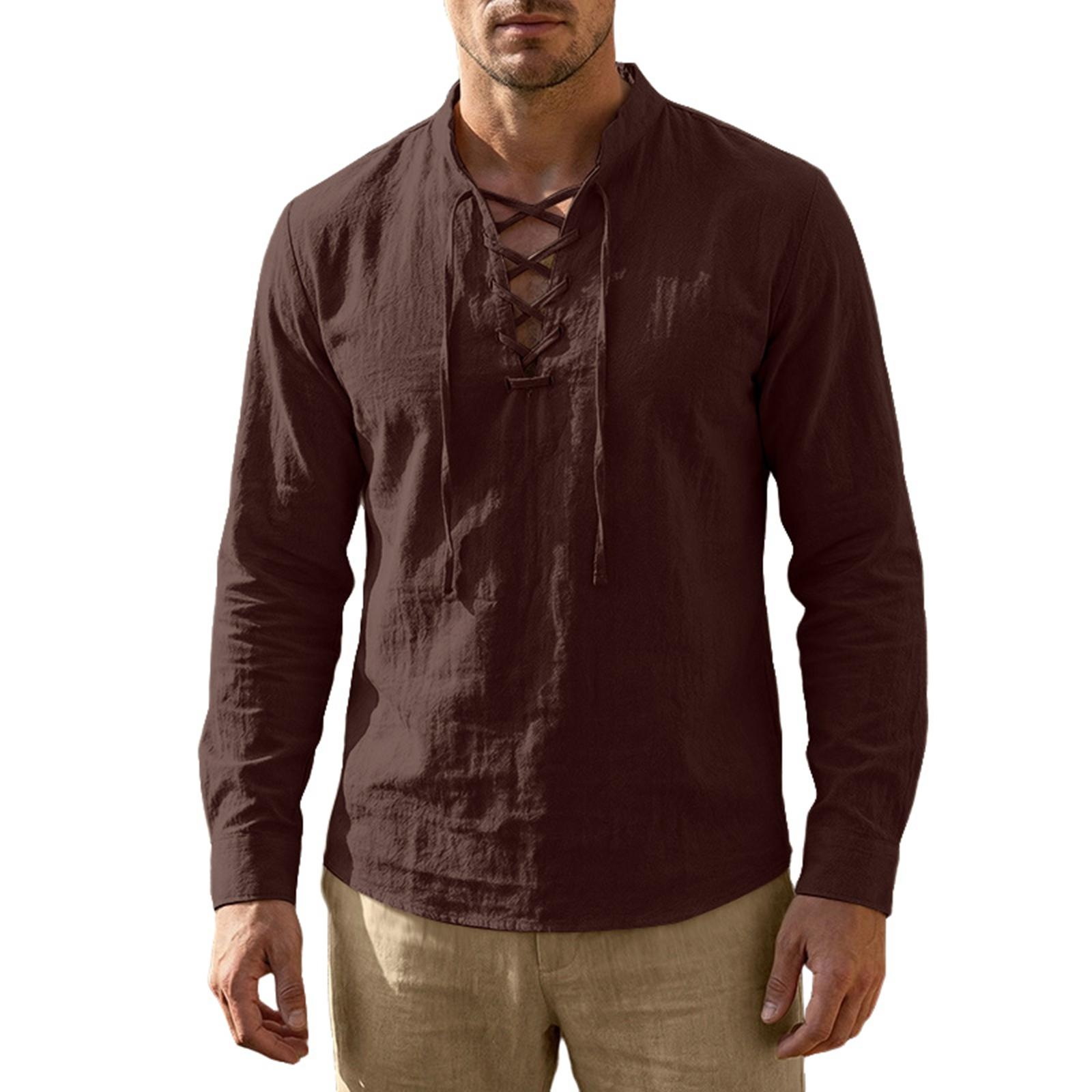 

Men s Cotton-Linen Drawstring Collar Long-Sleeve Top Men s Casual Stylish Long-Sleeve Shirt XL кавовий