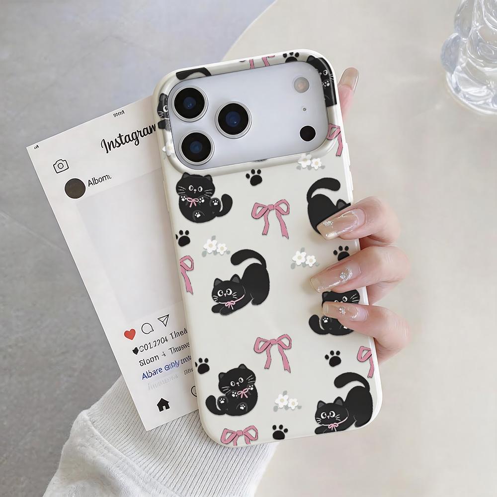 Black Cat Bow Ins Style Silicone Case For Iphone 14 13 12 17 16 Plus 15 11 Pro Max Trendy Aesthetic Back Cover