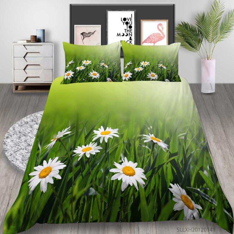 3D Printing Household Bedding Set Chrysanthemum Printing Pillowcase and Quilt Cover 2/3 Pieces of Plant Microfiber Comfortable Household Bedding