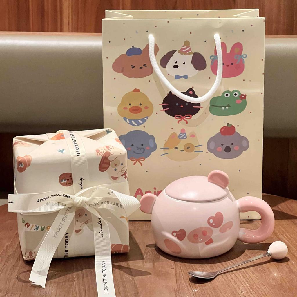 Cute Cartoon Piggy Ceramic Cup Girl Heart Mug with Lid Spoon Office Coffee Mug Birthday Gift