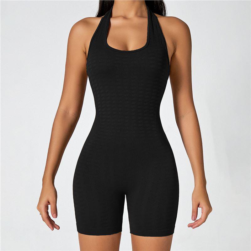 

High-Elastic Hollow-Out Back Shaping Yoga Bodysuit Shorts Small чорний