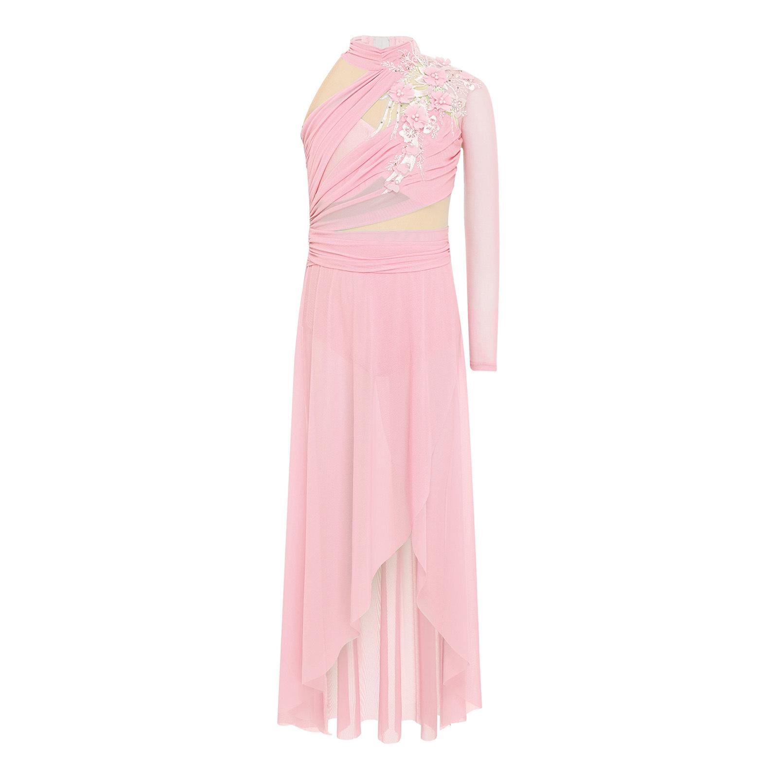 

Ніжна сукня для ліричного танцю з аплікацією для дівчат, виріз-ключик на спині, бічний розріз, нерівний поділ, асиметрична, з драпіруванням, сітчаста, для виступів 5-6 Years рожевий