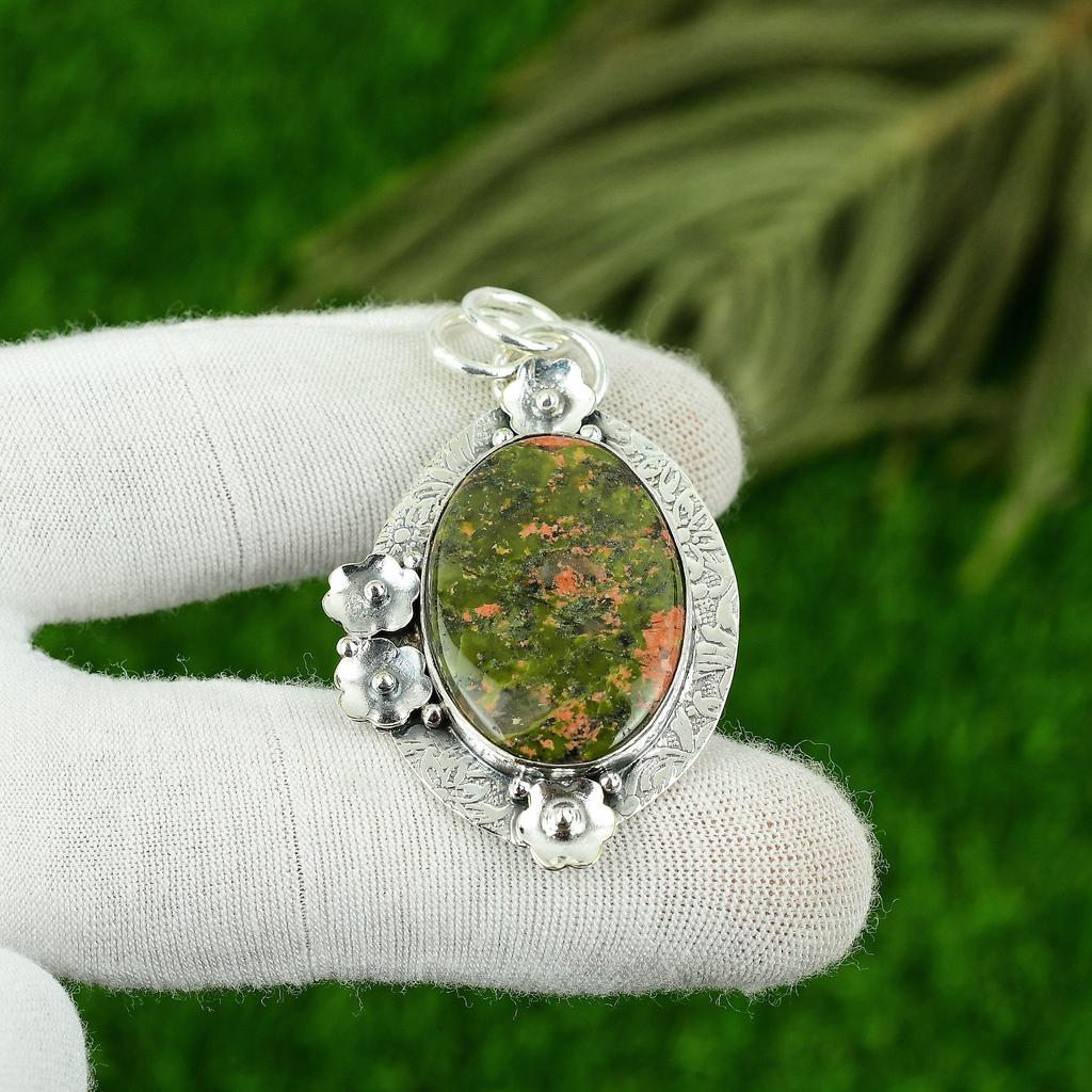 Natural Unakite Gemstone Pendant Handmade 925 Sterling Silver Indian Jewelry