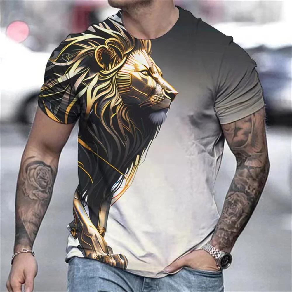 Fashionable Animal Lion Pattern 3D Digital Printing Men's Round Neck Short Sleeved T-shirt