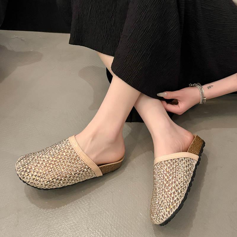 Hollow bag head slippers women's 2025 new fashion versatile full diamond flat bottom cool slippers summer cool lazy drag
