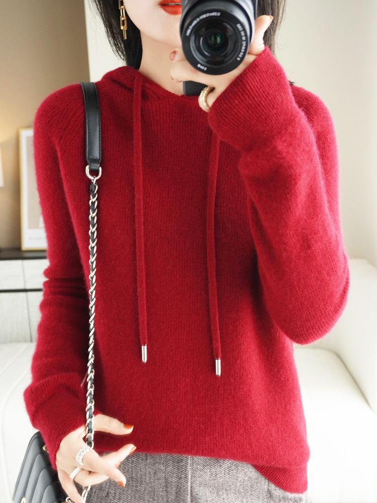 Women's Lace-up Knit Hoodie: Spring/Autumn Long Sleeve Loose Pullover Sweatshirt