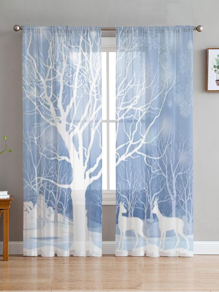 Christmas White Snow World Tulle Curtains For Living Room Decoration Modern Chiffon Sheer Voile Christmas Curtains